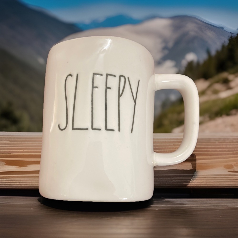 Rae Dunn Ceramic " Sleepy" Coffee Cup Mug White Black Collectible Gift Happy
